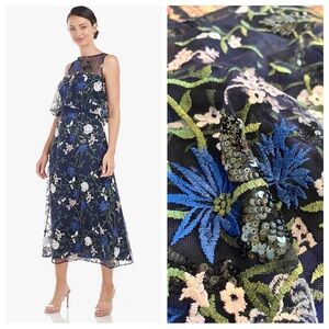 New JS collections Blue Floral embroidered
Sequin Midi Dress sheer Amira 2